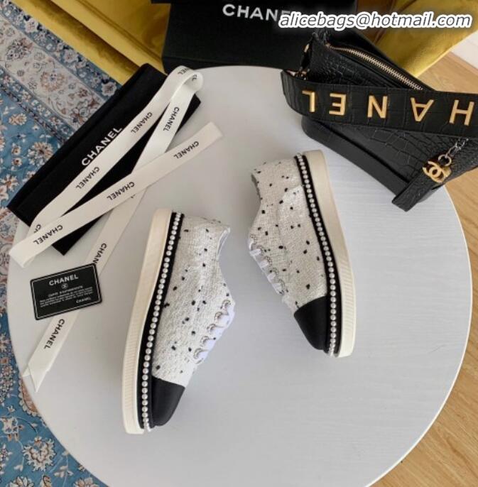 New Style Chanel Pearl Fabric Sneakers G23128 White 2020 