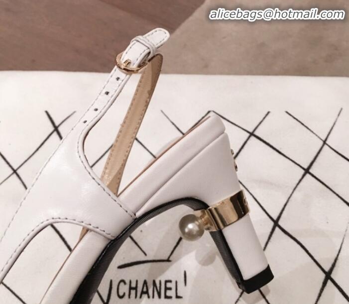 Good Looking Chanel Lambskin Pearl Heel Slingbacks Pumps G34597 White 2020