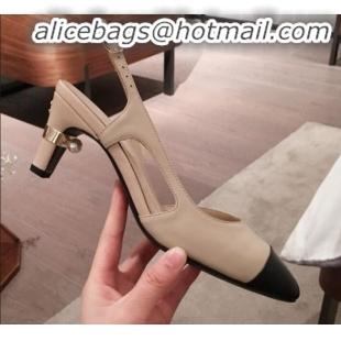 Classic Practical Chanel Lambskin Pearl Heel Slingbacks Pumps G34597 Beige 2020