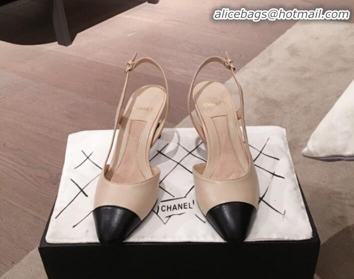 Classic Practical Chanel Lambskin Pearl Heel Slingbacks Pumps G34597 Beige 2020