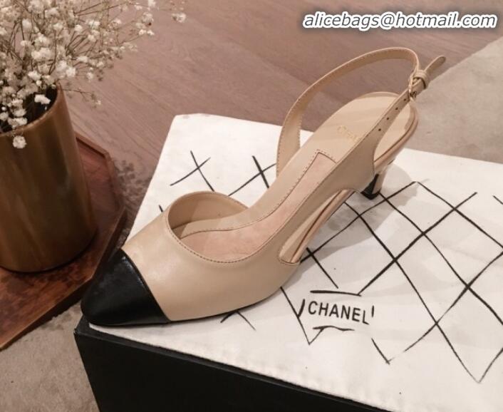 Classic Practical Chanel Lambskin Pearl Heel Slingbacks Pumps G34597 Beige 2020