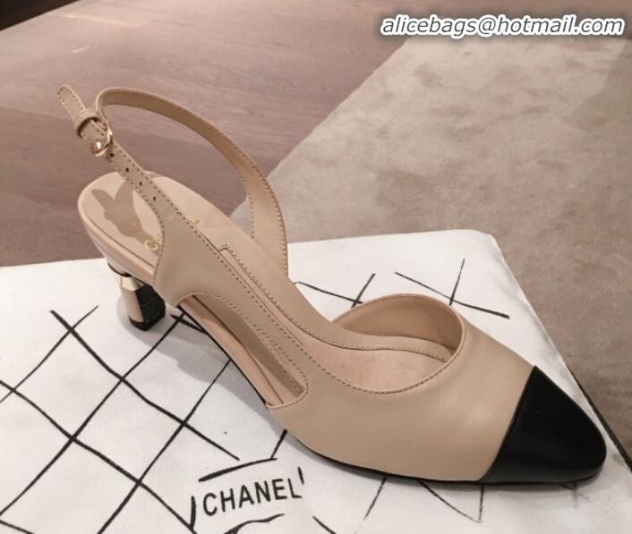 Classic Practical Chanel Lambskin Pearl Heel Slingbacks Pumps G34597 Beige 2020