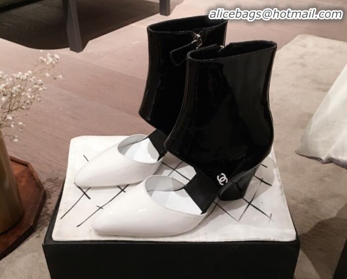 Best Product Chanel Patent Calfskin Mary Jane Open Ankle Short Boots G35431 White/Black 