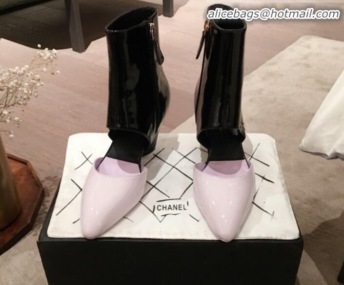 Unique Grade Chanel Patent Calfskin Mary Jane Open Ankle Short Boots G35431 Light Purple/Black 