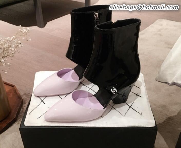 Unique Grade Chanel Patent Calfskin Mary Jane Open Ankle Short Boots G35431 Light Purple/Black 