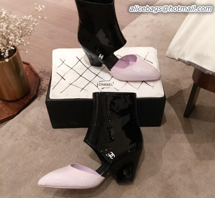 Unique Grade Chanel Patent Calfskin Mary Jane Open Ankle Short Boots G35431 Light Purple/Black 