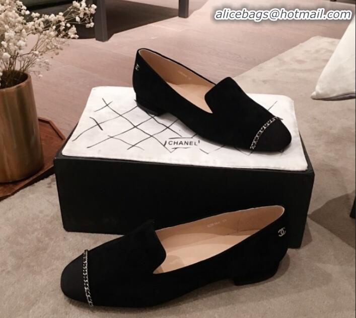 Stylish Chanel Suede Chain Flat Loafers G35164 Black 2020