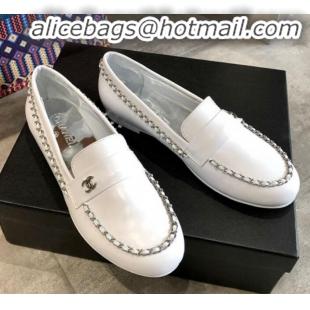 Luxury Chanel Lambskin Chain Flat Loafers G35631 White 2020