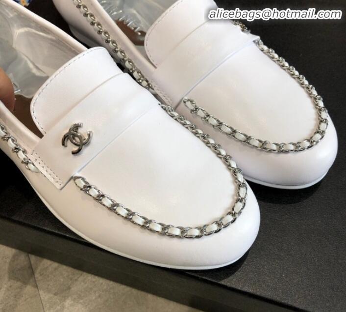 Luxury Chanel Lambskin Chain Flat Loafers G35631 White 2020