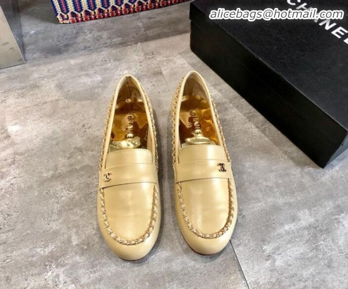 Discount Chanel Lambskin Chain Flat Loafers G35631 Beige 2020