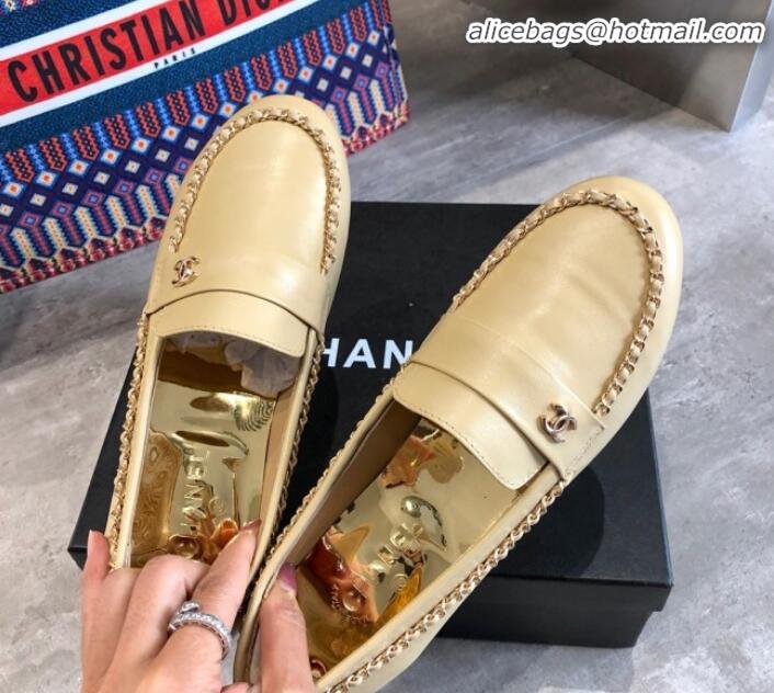 Discount Chanel Lambskin Chain Flat Loafers G35631 Beige 2020