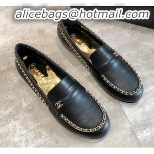 Most Popular Chanel Lambskin Chain Flat Loafers G35631 Black 2020