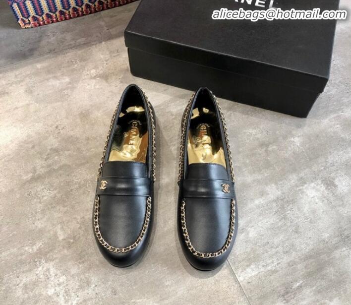 Most Popular Chanel Lambskin Chain Flat Loafers G35631 Black 2020