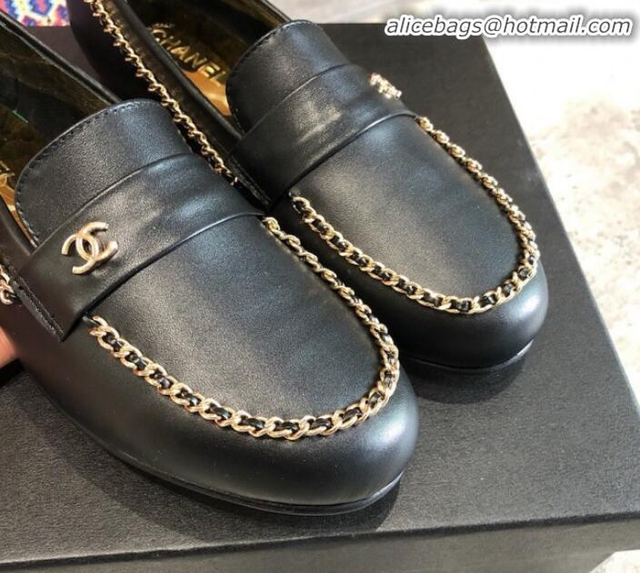 Most Popular Chanel Lambskin Chain Flat Loafers G35631 Black 2020