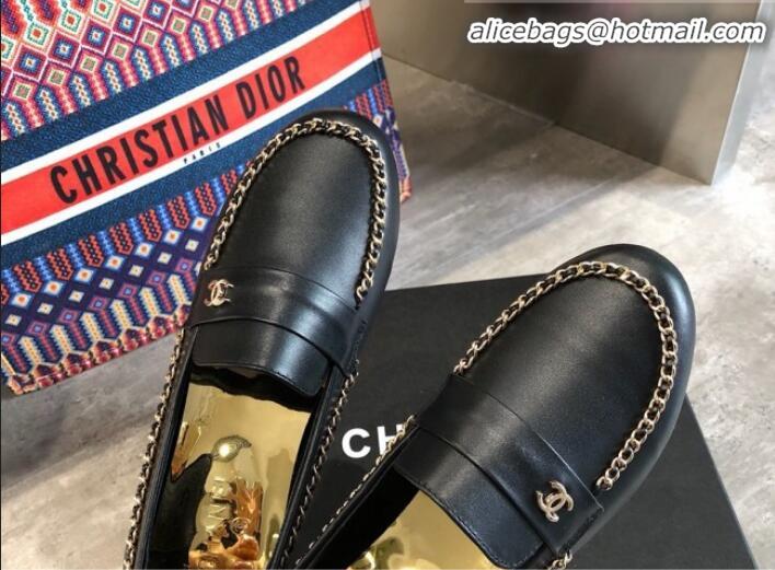 Most Popular Chanel Lambskin Chain Flat Loafers G35631 Black 2020