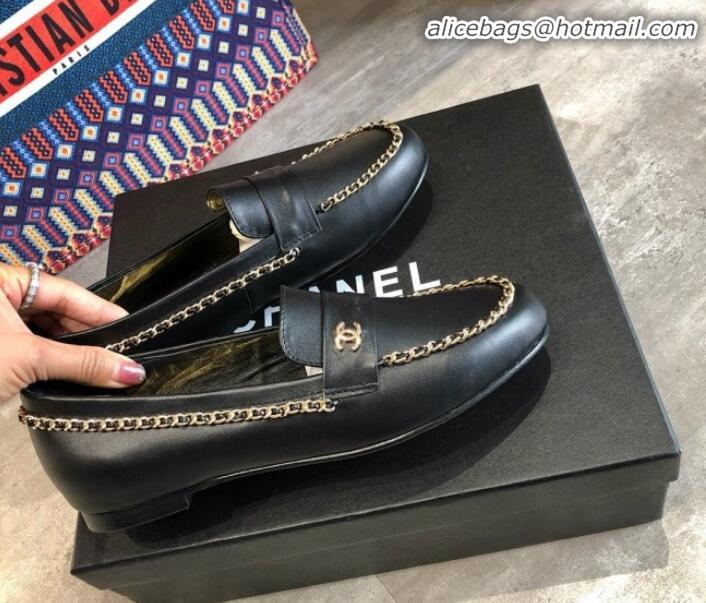 Most Popular Chanel Lambskin Chain Flat Loafers G35631 Black 2020