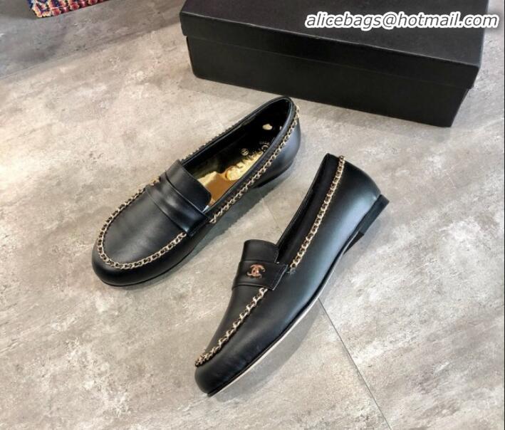 Most Popular Chanel Lambskin Chain Flat Loafers G35631 Black 2020