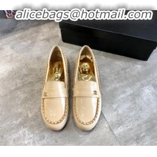 Durable Chanel Patent Leather Chain Flat Loafers G35631 Beige 2020