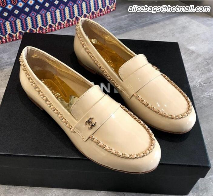 Durable Chanel Patent Leather Chain Flat Loafers G35631 Beige 2020