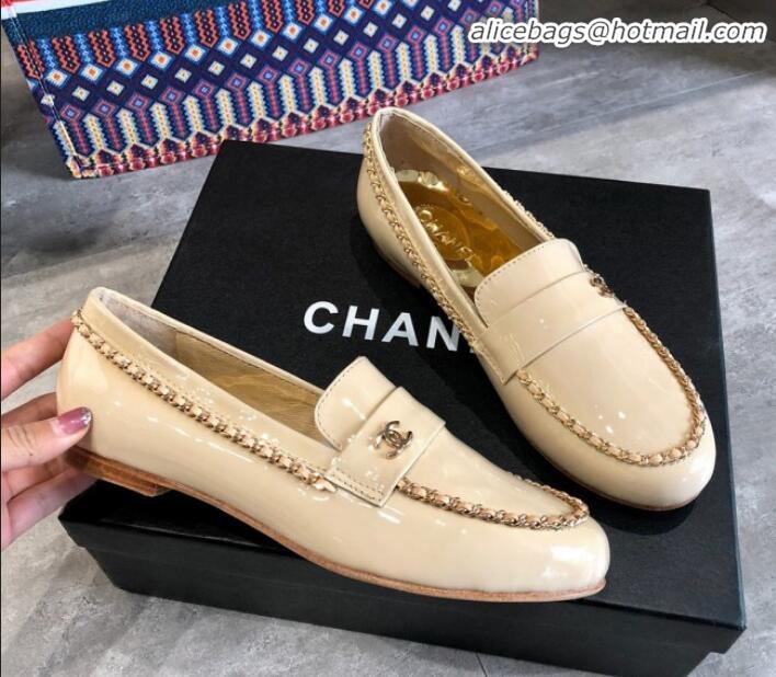 Durable Chanel Patent Leather Chain Flat Loafers G35631 Beige 2020