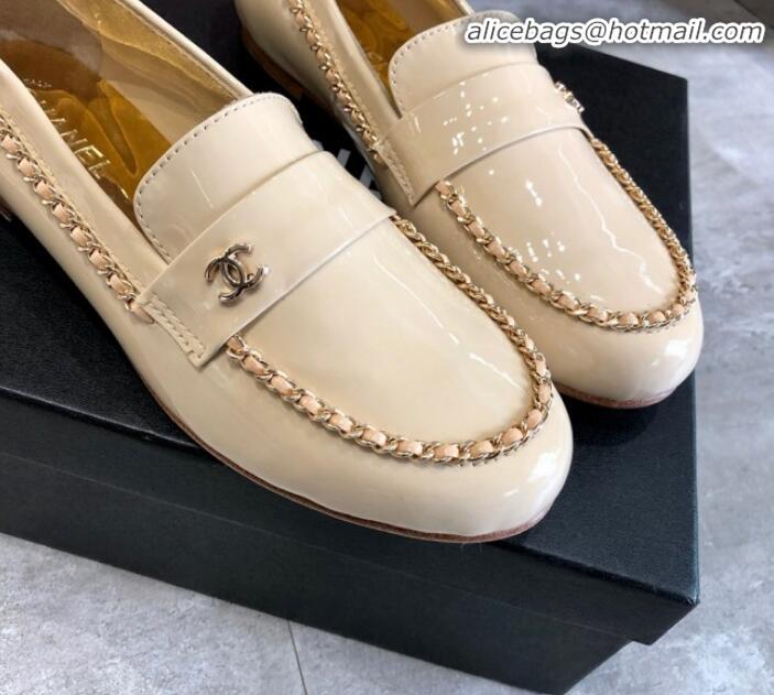 Durable Chanel Patent Leather Chain Flat Loafers G35631 Beige 2020