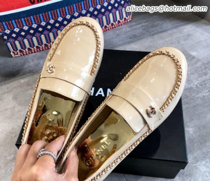 Durable Chanel Patent Leather Chain Flat Loafers G35631 Beige 2020