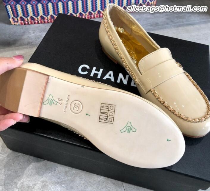 Durable Chanel Patent Leather Chain Flat Loafers G35631 Beige 2020