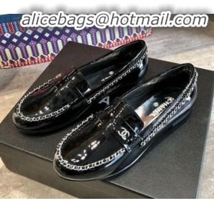 Sumptuous Chanel Patent Leather Chain Flat Loafers G35631 Black 2020