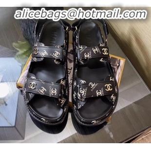 Luxury Chanel Strap CC Print Flat Sandals G11616 Black 2020