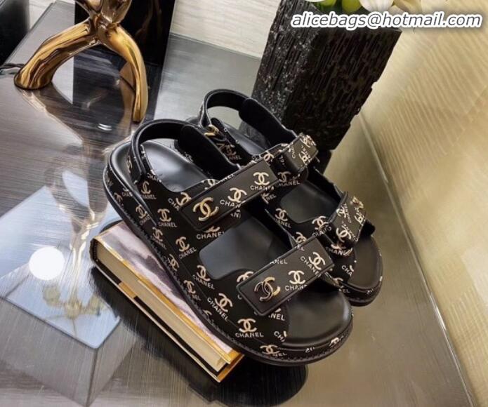 Luxury Chanel Strap CC Print Flat Sandals G11616 Black 2020