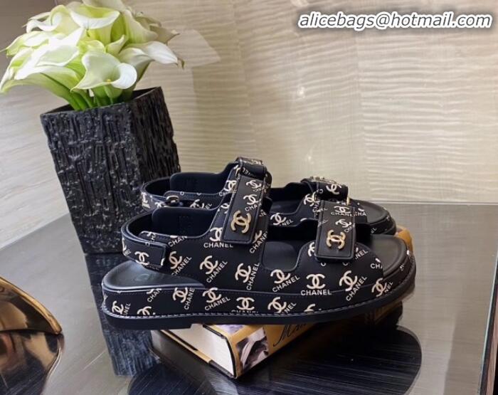 Luxury Chanel Strap CC Print Flat Sandals G11616 Black 2020