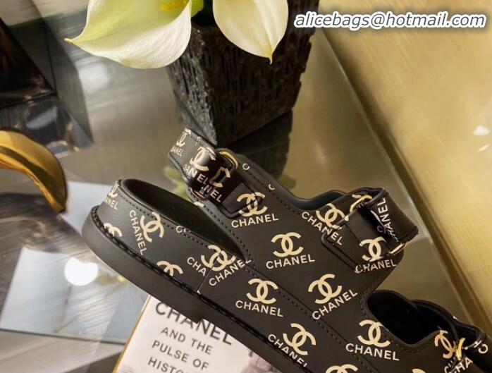 Luxury Chanel Strap CC Print Flat Sandals G11616 Black 2020