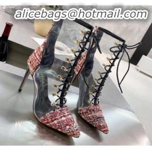 Good Quality Chanel Tweed Transparent Lace-up High-Heel Short Boots G11619 Red 2020