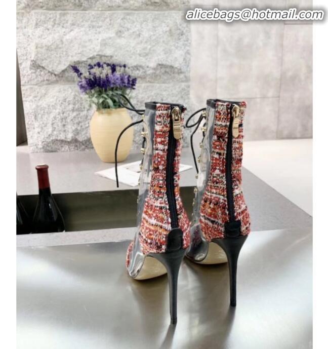 Good Quality Chanel Tweed Transparent Lace-up High-Heel Short Boots G11619 Red 2020