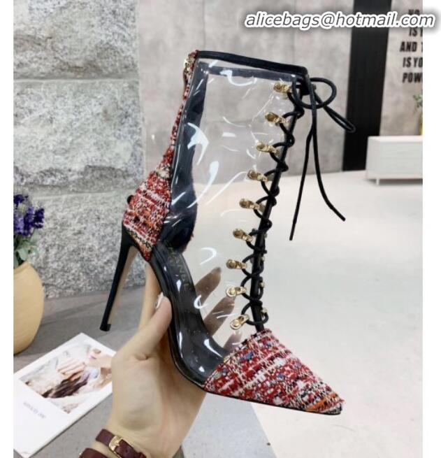 Good Quality Chanel Tweed Transparent Lace-up High-Heel Short Boots G11619 Red 2020