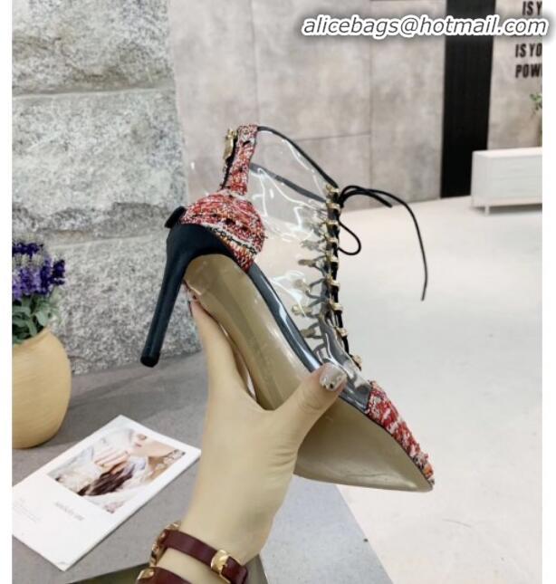 Good Quality Chanel Tweed Transparent Lace-up High-Heel Short Boots G11619 Red 2020