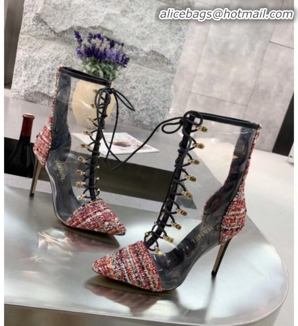 Good Quality Chanel Tweed Transparent Lace-up High-Heel Short Boots G11619 Red 2020