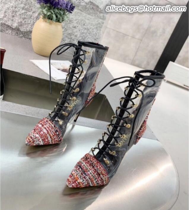 Good Quality Chanel Tweed Transparent Lace-up High-Heel Short Boots G11619 Red 2020