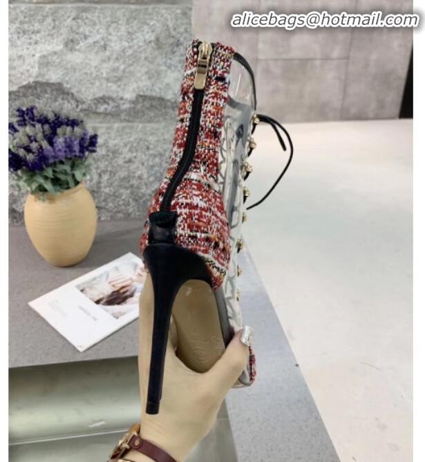 Good Quality Chanel Tweed Transparent Lace-up High-Heel Short Boots G11619 Red 2020