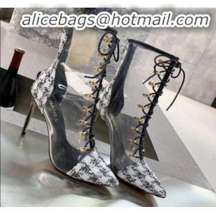 Discount Chanel Tweed Transparent Lace-up High-Heel Short Boots G11620 White 2019