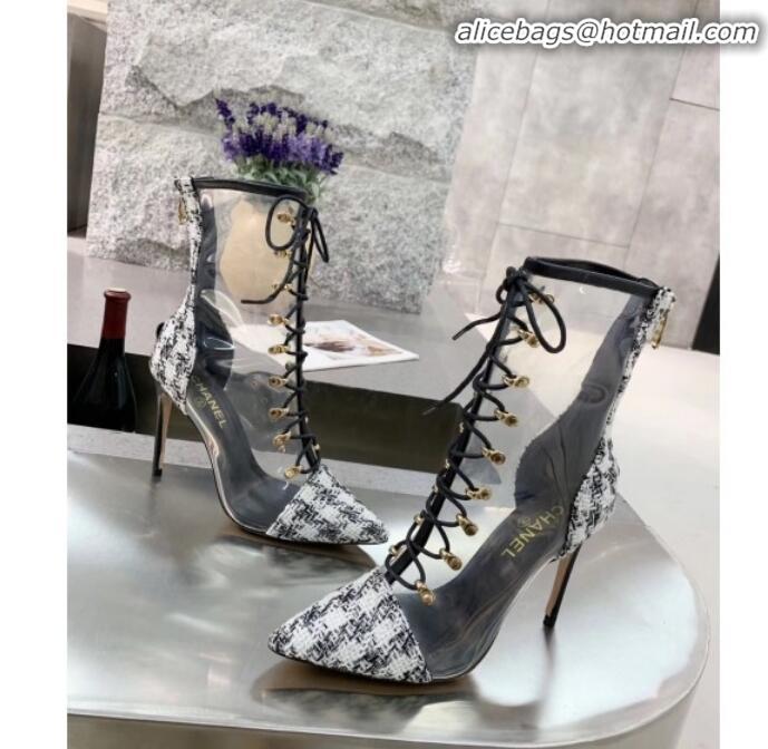 Discount Chanel Tweed Transparent Lace-up High-Heel Short Boots G11620 White 2019