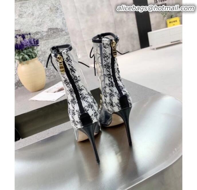 Discount Chanel Tweed Transparent Lace-up High-Heel Short Boots G11620 White 2019