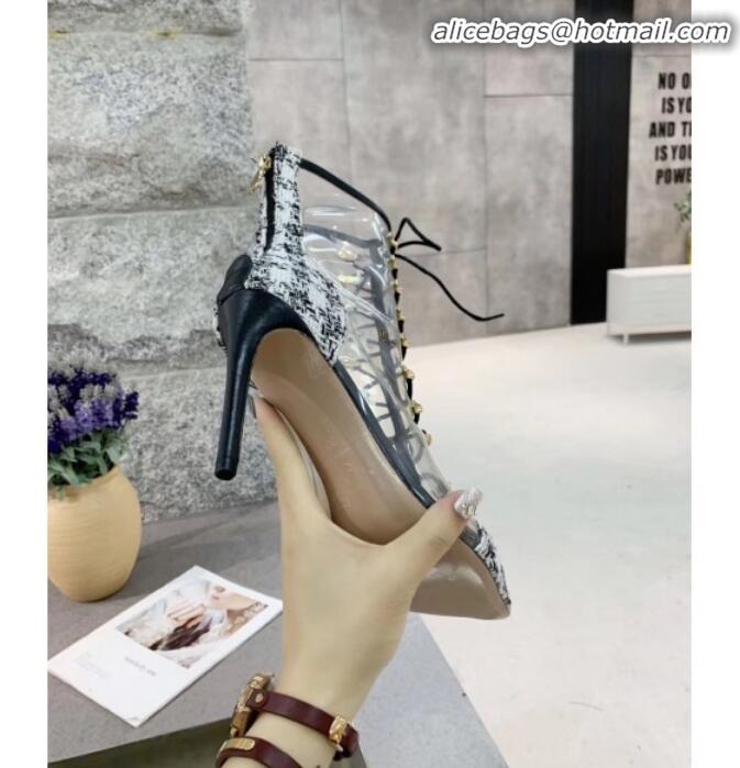 Discount Chanel Tweed Transparent Lace-up High-Heel Short Boots G11620 White 2019