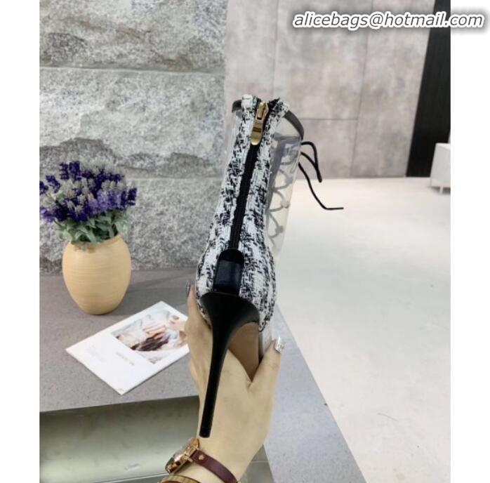 Discount Chanel Tweed Transparent Lace-up High-Heel Short Boots G11620 White 2019