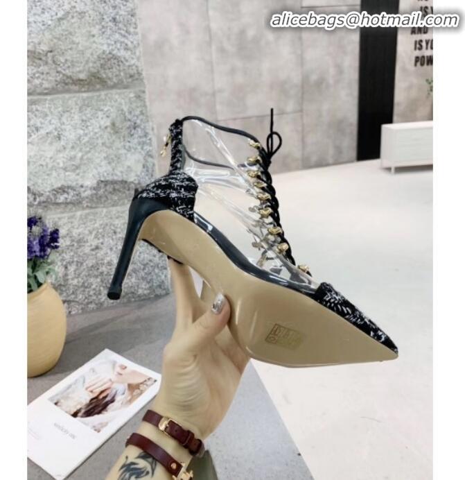 Sophisticated Chanel Tweed Transparent Lace-up High-Heel Short Boots G11620 Black 2019