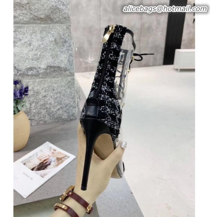 Sophisticated Chanel Tweed Transparent Lace-up High-Heel Short Boots G11620 Black 2019