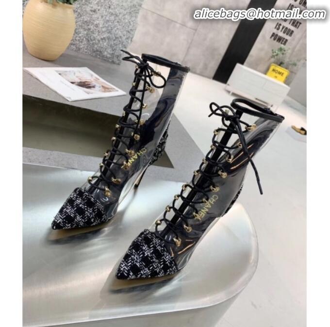 Sophisticated Chanel Tweed Transparent Lace-up High-Heel Short Boots G11620 Black 2019