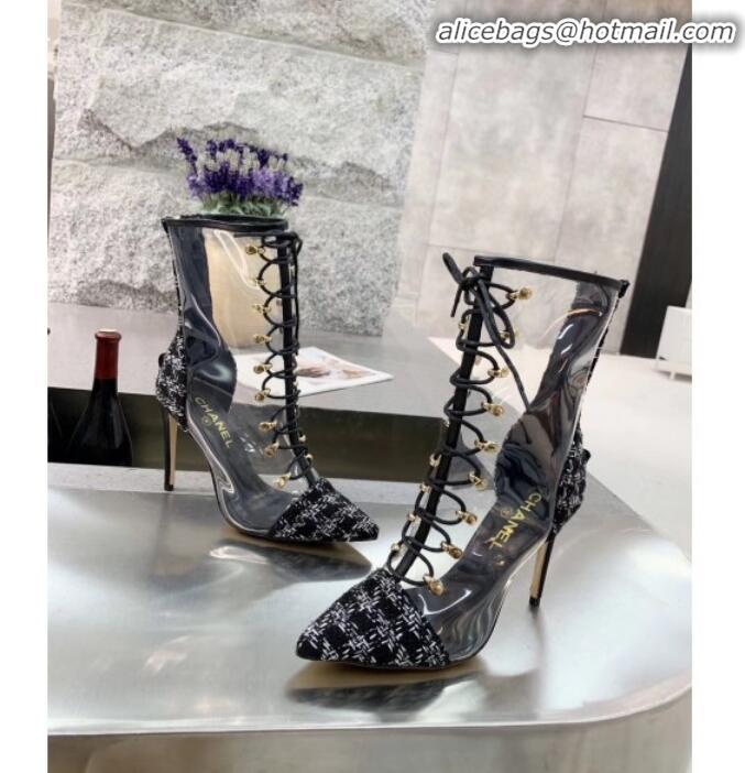 Sophisticated Chanel Tweed Transparent Lace-up High-Heel Short Boots G11620 Black 2019