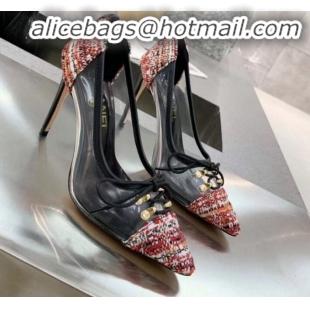 Elegant Chanel Tweed Transparent Lace-up High-Heel Pumps G11623 Red 2020