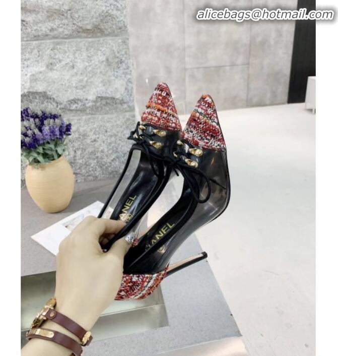 Elegant Chanel Tweed Transparent Lace-up High-Heel Pumps G11623 Red 2020